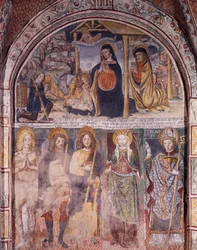 Geboorte en Heiligen, fresco door Gaudenzio Ferrari, Basiliek van San Giulio, Eiland van San Giulio, Orta San Giulio, Italië