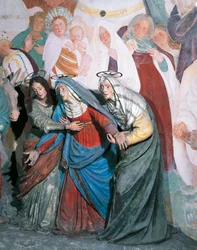 Beelden van heilige vrouwen die Christus volgen, detail van de Kruisiging door Gaudenzio Ferrari, Kapel XXXVIII, Heilige Berg van Varallo Sesia (UNESCO Werelderfgoedlijst, 2003), Italië