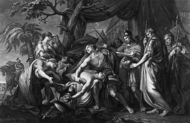 Achilles betreurt de dood van Patroclus, gegraveerd door Domenico Cunego, 1764