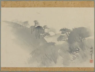 Landschap met heuvel, bomen en maanopkomst, Edo-periode, 1747-1868