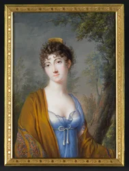 Dame in blauw met gele sjaal, ca 1800 (aquarel op ivoor)