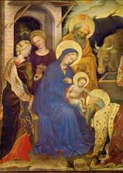 Een van de Drie Koningen knielt voor het Christuskind, de koningskroon op de grond (tempera op hout)