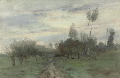 Landweg met koeien in de schemering