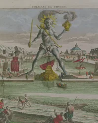 De Kolossus van Rhodos, detail van het standbeeld dat de ingang van de haven overspant