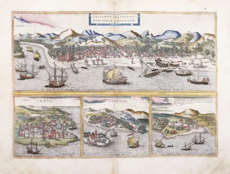 Gezicht op Calcutta, India, en daaronder kleinere uitzichten van Ormuz bij de ingang van de Perzische Golf, Canonor in India, en het Portugese fort El Mina in West-Afrika, 1572