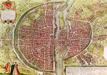Kaart van Parijs uit „Civitates orbis terrarum“ door Georg Braun (1541-1622) en Franz Hogenberg (1540-92), Frans, 1572-1617