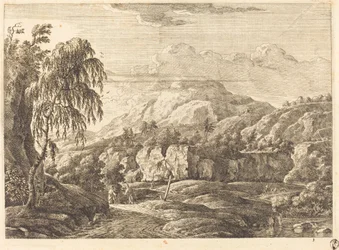 Landschap met kruis en figuren