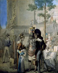 Kokosnootverkoper Porte Saint Denis in Parijs. Oude winkel die kokosnootbekers verkoopt in de straten van Parijs. Tekening door de Duitser George Emanuel Opitz
