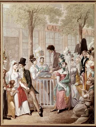 Het terras van het café de la Rotonde in Parijs in 1814. Lithografie door George Emanuel Opitz (1775-1841). Parijs, Musee Carnavalet