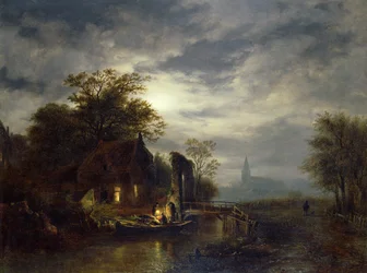 Maanverlichte rivier met figuren die een boot lossen