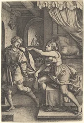 Jozef loopt weg van Potifars vrouw, die zijn mantel met beide handen vastgrijpt terwijl ze..., 1546