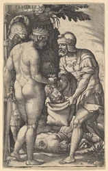 Tomyris, naakt van achteren getoond, plaatst het hoofd van Cyrus in een zak gehouden door een soldaat, ca. 1539