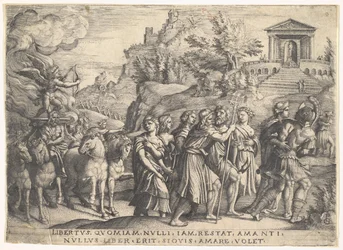 Triomf van de liefde: vier paarden trekken een wagen met Cupido staand op een rokend platform, ca. 1539