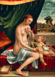 Venus en Cupido door Georg Pencz (circa 1500-1550), olieverf op paneel, 47x34 cm, circa 1528