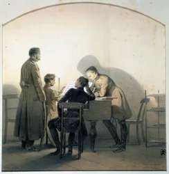 Aan de piano. Russische soldaten spelen piano tijdens de Krimoorlog. Schilderij van George Wilhelm Timm (1820-1895)