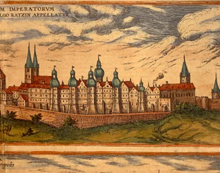 Tsjechië, Praag, Uitzicht op het Paleis, kleuren gravure uit Civitates Orbis Terrarum door Georg Braun en Franz Hogenberg