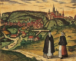 Tsjechië, Praag, Uitzicht op de stad met de citadel op de achtergrond, kleuren gravure uit Civitates Orbis Terrarum door Georg Braun (1541-1622) en Franz Hogenberg (1535-1590)