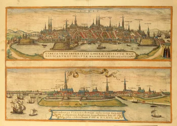 Kaart van Lübeck en Hamburg uit Civitates Orbis Terrarum