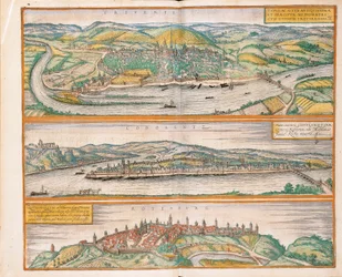 Kaart van Trier, Koblenz en Rothenburg ob der Tauber uit Civitates Orbis Terrarum