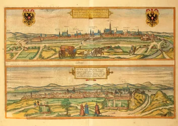 Kaart van Wenen en Buda uit Civitates Orbis Terrarum door Georg Braun