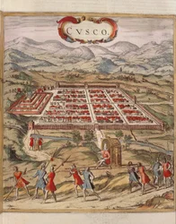 Peru, stad Cuzco, gravure door Georg Braun