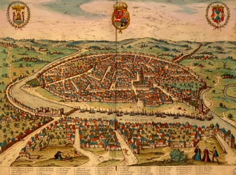 Spanje, Sevilla, Uitzicht op de stad, kleuren gravure uit Civitates Orbis Terrarum door Georg Braun en Franz Hogenberg
