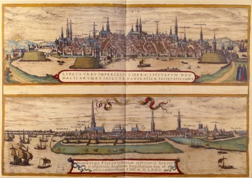 Bovenaanzicht van de stad Lübeck, onderaan de stad Hamburg in Duitsland. Gravure uit de Atlas van “Braun en Hogenberg” 1572