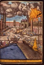 De grote brand van het Dogepaleis op het San Marcoplein in Venetië in 1577. Gravure van Georg Braun in ’Civitatis Orbis Terrarum’, deel I, geschreven door Franz Hogenberg (1535-1590)
