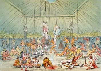 Mandan ceremonie (kleurenlitho)