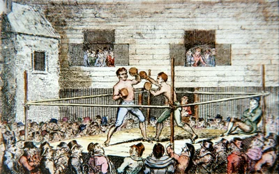 Een sparwedstrijd op de fives-baan, Londen, uit een prent gepubliceerd in 1812