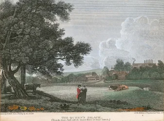 Het Paleis van de Koningin, vanuit het Groene Park met het Wachthuis bij Story