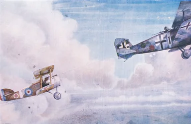 Een luchtduel: The Blind Spot, uit Cassells History of the British People uitgegeven door de Waverley Book Company Limited, c.1940