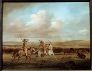 Amerikaanse Indianen te paard jagen op de bizon