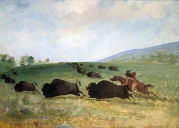 Een Osage-indiaan die een buffel lanceert, 1846-1848