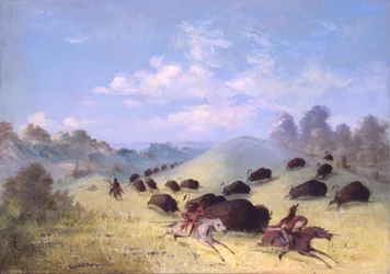 Comanche-indianen achtervolgen buffels met lansen en bogen, 1846-1848