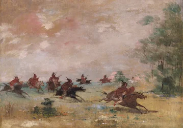 Comanche-oorlogsgroep, bereden op wilde paarden