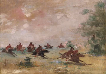 Comanche Oorlogspartij, te paard op wilde paarden