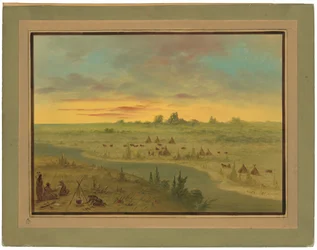 Kampement van Pawnee Indianen bij Zonsondergang