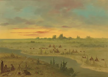 Kampement van Pawnee Indianen bij zonsondergang