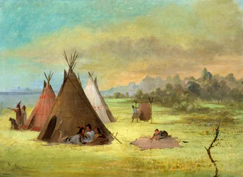 Indianenkampement, Comanche (of Kiowa) Dressing Skins, Rode Rivier
