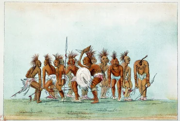 Indianen van Amerika: Black Hawk stam die bedeldans uitvoert voor toeristen. Illustratie door George Catlin