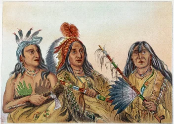 Indianen van Amerika: Portret van Sioux-hoofden wiens rivaliteit constant was. Illustratie door George Catlin (1794-1872)