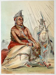 Indianen van Amerika: Portret van een oude Indiaanse hoofdman die zijn pijp rookt, genaamd De Zwarte Mocassin. Illustratie van George Catlin (1794-1872)