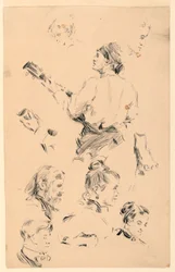 Schetsen van hoofden, een hand, een voet en een muzikant