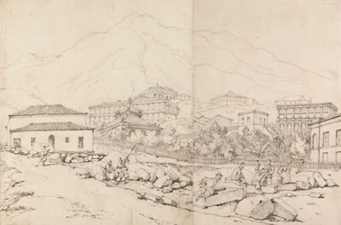 Gebouw op een heuvel in een bergachtig dorp (China?)