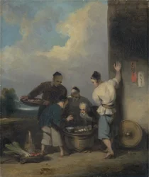Koelies rond de kraam van de voedselverkoper