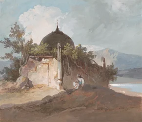 Zittende figuur bij een Indiase tempel