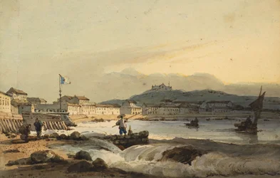 De Praya Grande, Macao, vanuit het zuiden, met Fort St. Peter links, 1830-1845