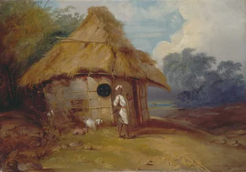 Uitzicht in Zuid-India, met een krijger buiten zijn hut