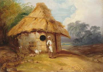 Uitzicht in Zuid-India, met een krijger buiten zijn hut